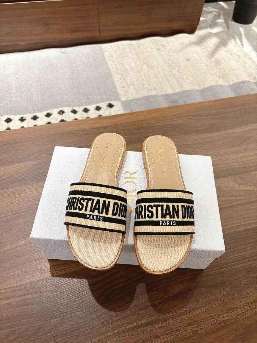 Dior Dway striped embroidered slide sandals, flat-2
